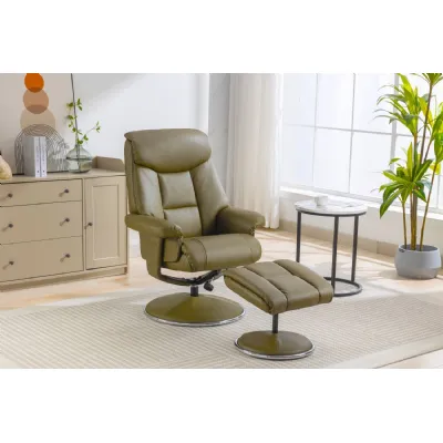 Olive Green Leather Effect Swivel Recliner with Footstool