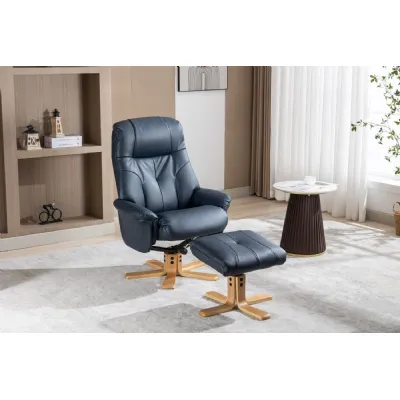 Navy Blue Leather Effect Swivel Recliner Footstool Oak Base