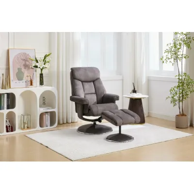 BIARRITZ Fabric Carbon Grey Chrome Trim Swivel Recliner And Footstool