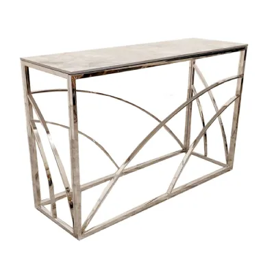 Luxury Ash Grey Sintered Stone Top Console Table with Sculptural Chrome Base