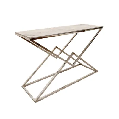 Luxury Ash Sintered Stone Top Console Table with Chrome Geometric Cross Base