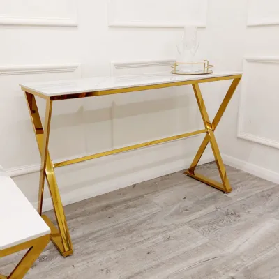 Modern White Sintered Stone Rectangular Console Table with Gold Metal Angular Base