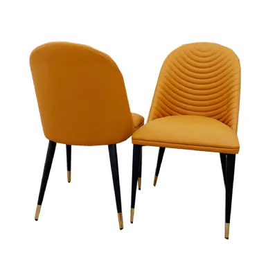 Modern Tan Leather Ribbed Back Dining Chair with Black Scandinavian Style Legs