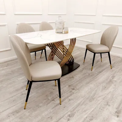 Beige Leather Vertical Stitched Curved Dining Chair