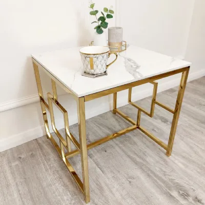 Modern Square White Sintered Stone Top Lamp Table with Gold Geometric Frame