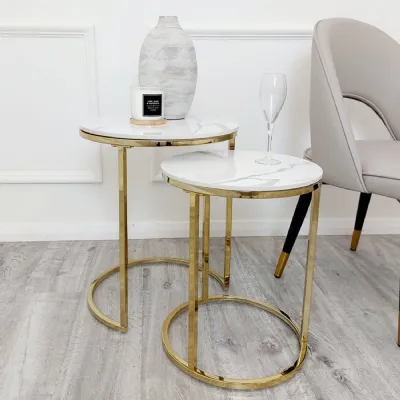 Modern White Sintered Stone Top Tall Nest of 2 End Tables with Gold Metal Frame