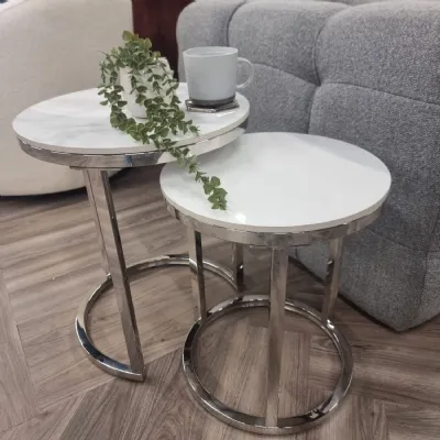 Modern Nest of 2 Silver End Tables with Polar White Sintered Stone Tops