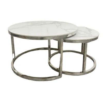 Modern White Sintered Stone Top Round Nest of 2 Coffee Tables with Silver Metal Frames