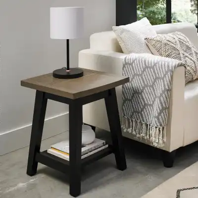 Weathered Oak Square Lamp Table with Black Peppercorn Base