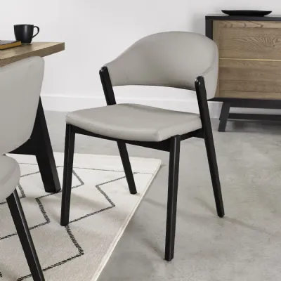 Grey Leather Curved Retro Dining Chair Peppercorn Legs