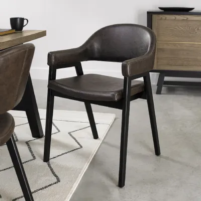 Vintage Brown Leather Dining Arm Chair Black Legs