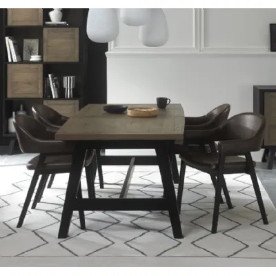 Weathered Oak Dining Table Set 4 Dark Grey Fabric Arm Chairs