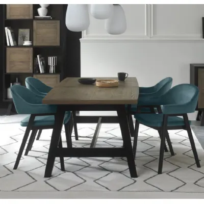 Weathered Oak Dining Table Set 4 Blue Velvet Arm Chairs