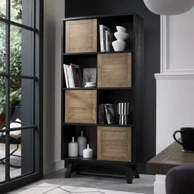 Weathered Oak Tall Display Cabinet with 4 Door Cupboards