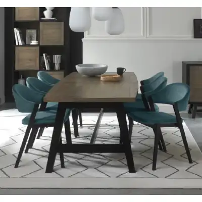 Weathered Oak Dining Table Set 6 Blue Velvet Side Chairs