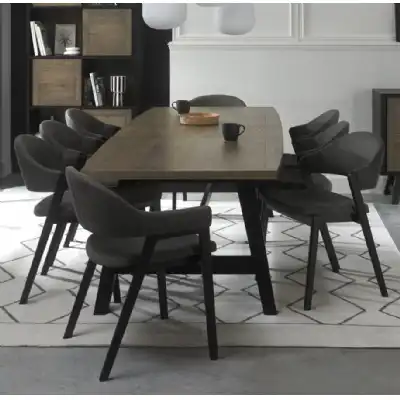 Weathered Oak Dining Set 6 Grey Fabric Chairs 2 Carvers