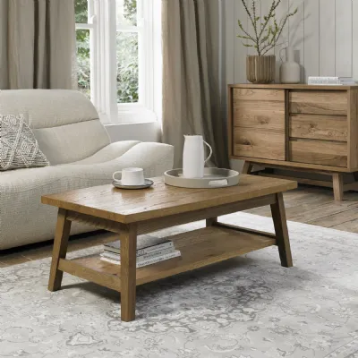 Rustic Oak Rectangular Low Coffee Table with Lower Shelf