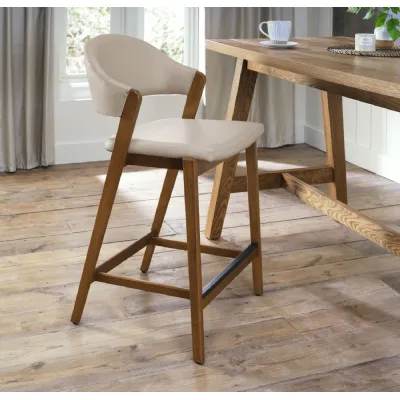Ivory Cream Leather Upholstered Bar Stool Rustic Oak Frame