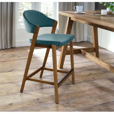 Azure Blue Velvet Curved Bar Stool Rustic Oak Frame