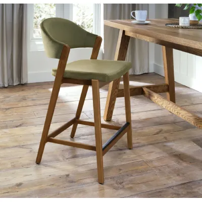 Green Velvet Curved Bar Stool Rustic Oak Frame