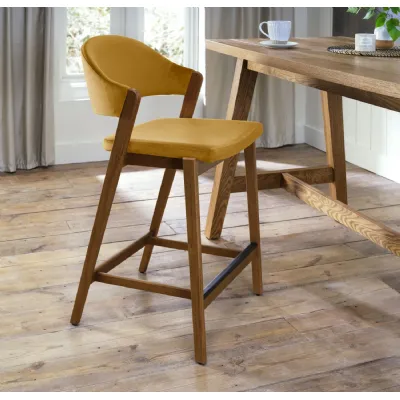 Mustard Yellow Velvet Curved Bar Stool Rustic Oak Frame