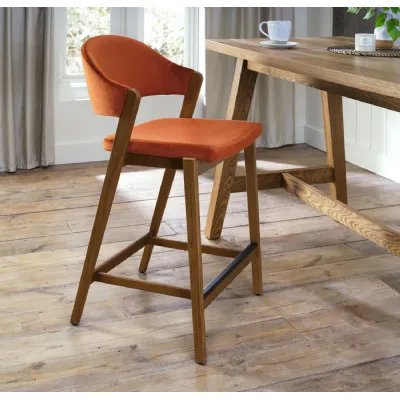 Rust Orange Velvet Curved Bar Stool Rustic Oak Frame