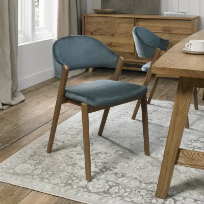 Azure Blue Velvet Fabric Rustic Oak Dining Chair
