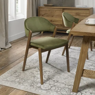 Green Velvet Curved Back Dining Chair Rustic Oak Frame