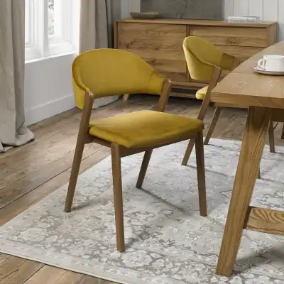 Yellow Velvet Fabric Rustic Oak Upholstered Dining Chair