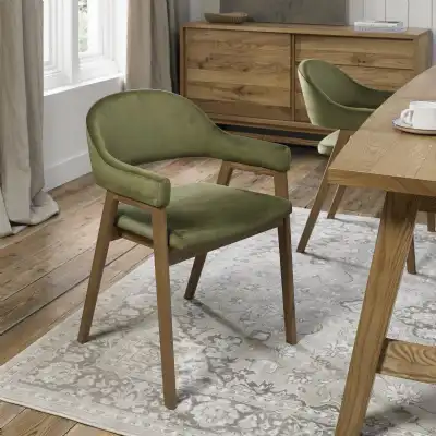 Green Velvet Fabric Dining Armchair Rustic Oak Legs