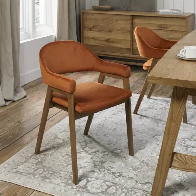Rustic Oak Orange Velvet Fabric Dining Arm Chair