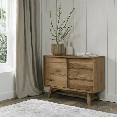 Rustic Oak 3 Drawer Narrow Sideboard Cabinet Sliding Door