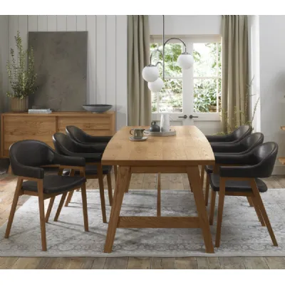 Rustic Oak Dining Table Set with 6 Oak Fabric Arm Chairs