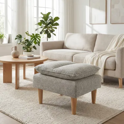 Natural Fabric Pillow Top Footstool Wooden Legs