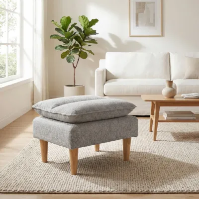 Light Grey Fabric Pillow Top Footstool Wooden Legs