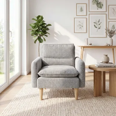 Light Grey Fabric Upholstery Armchair Wooden Legs
