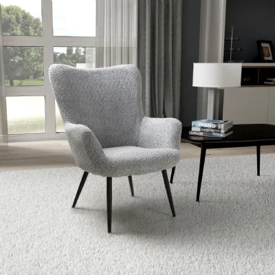 Grey Textured Fabric Wing Back Armchair with Black Legs