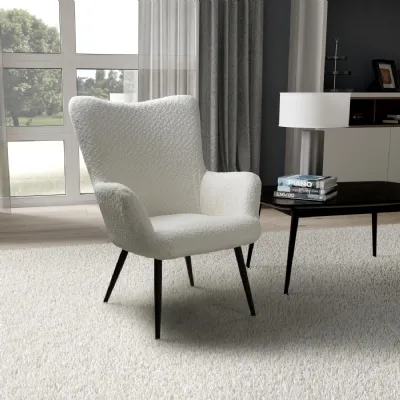 White Chenille Fabric Wing Back Armchair with Tapered Legs