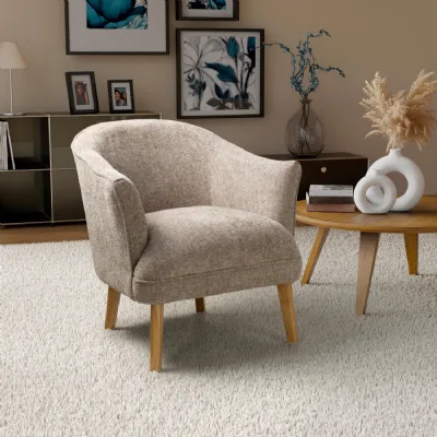 Natural Flax Fabric Curved Wing Armed Chair with Wooden Legs