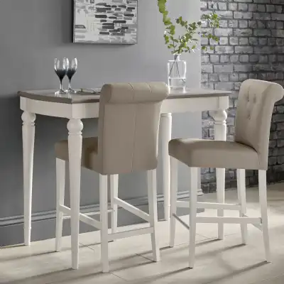 Washed Oak Grey Bar Table Set 2 Bar Stools in Grey Leather