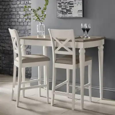 Washed Oak Bar Table And 2 Bar Stools in Grey Leather
