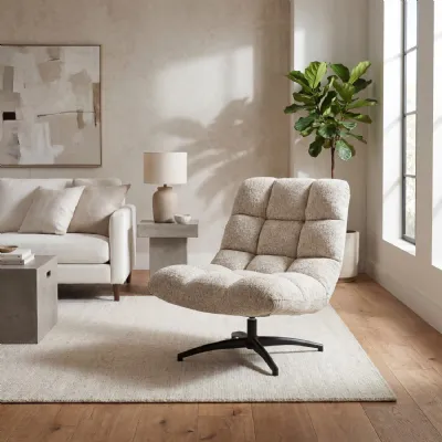 Natural Fabric Swivel Lounge Chair Metal Star Base