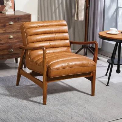 Tan Leather Effect Vintage Armchair with Wooden Frame
