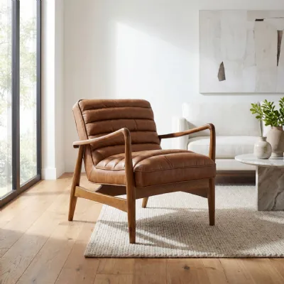Tan Leather Ribbed Armchair Ash Wood Angular Framed