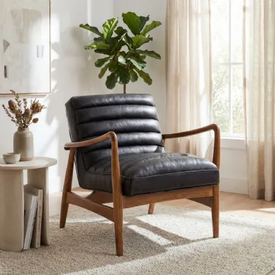 Black Leather Ribbed Armchair Ash Wood Angular Framed