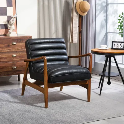 Dark Navy Leather Effect Armchair with Wooden Frame