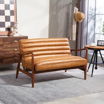 Tan Leather Effect Padded Bench Angular Framed