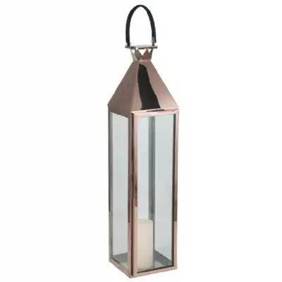 Copper and Glass Large Lantern with Candle Holder