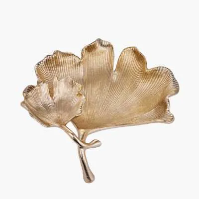 Shiny Gold Metal Decorative Dual Gingko Leaf Bowl