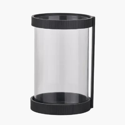 Black Ribbed Metal and Clear Glass Hurricane Large
